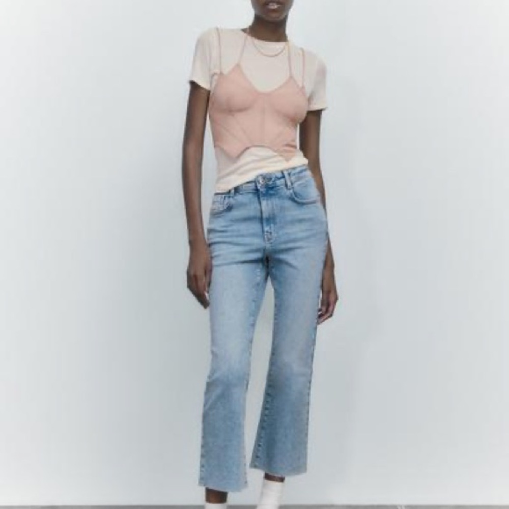 Zara, worn once, 27, US 4, Z1975 HIGH RISE MINI FLARE JEANS, LIGHT BLUE